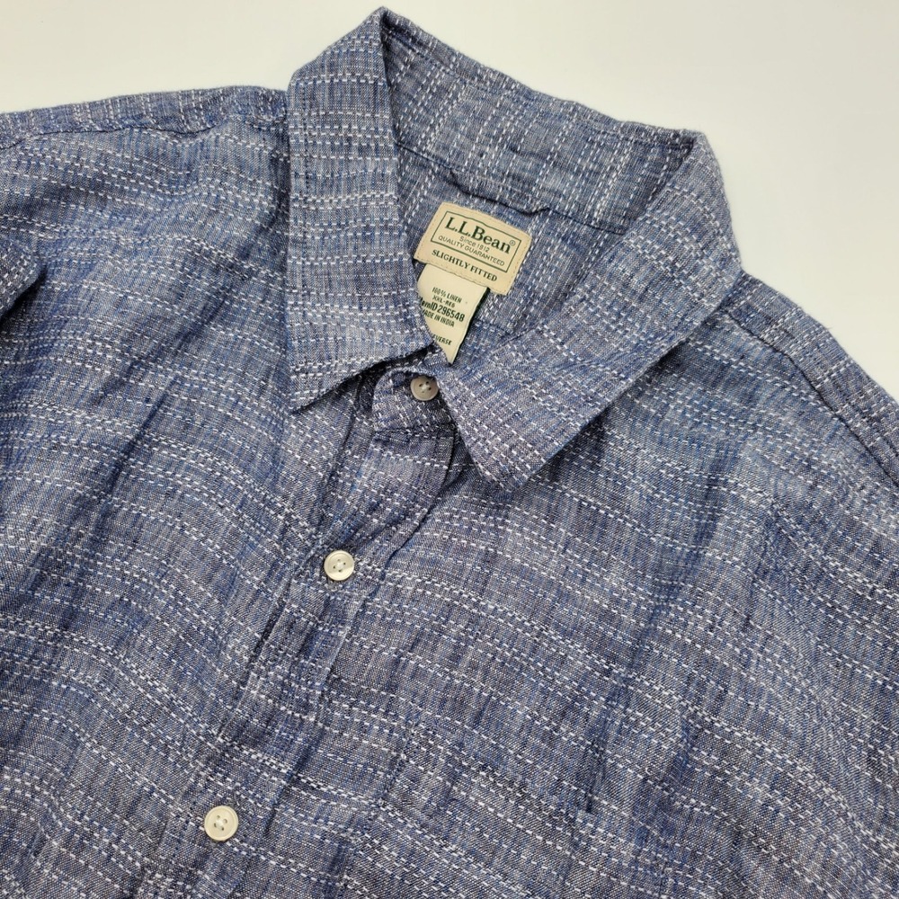 LL Bean Mens XXL Blue 100% Linen Short Sleeve Button Up Shirt 296548